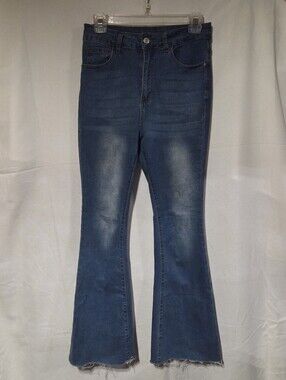 SHEIN Dark Blue Flared Jeans with Raw Hem